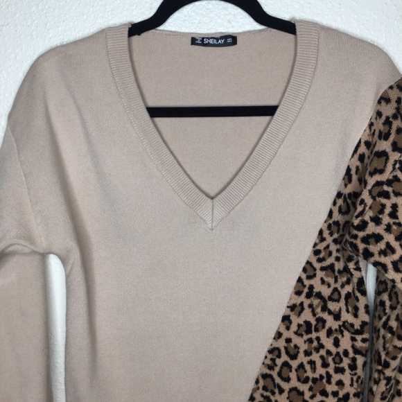 Sheilay Leopard Print Block V-Neck Sweater S - Picture 2 of 4